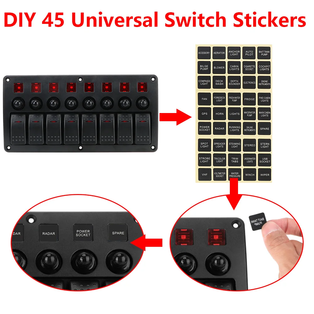 Overload Protection Waterproof Car Vehicle Truck RV SUVS Marine Circuit Breakers With Fuse 8 Gang LED Switch Panel 12/24V - Thumbnail 5
