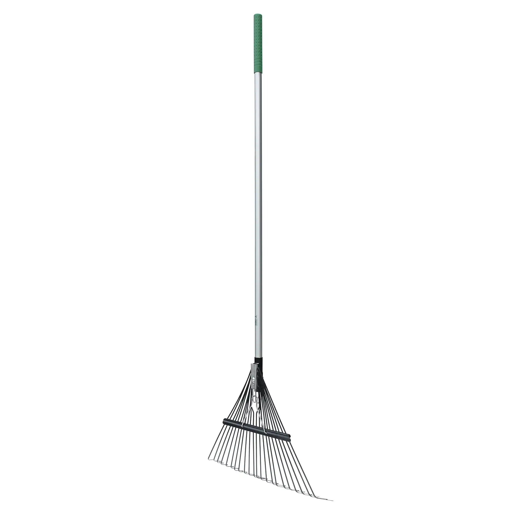 Fiberglass-handle leaf rake with 22 steel tines and a comfortable end grip, designed for durable and easy lawn cleanup.
