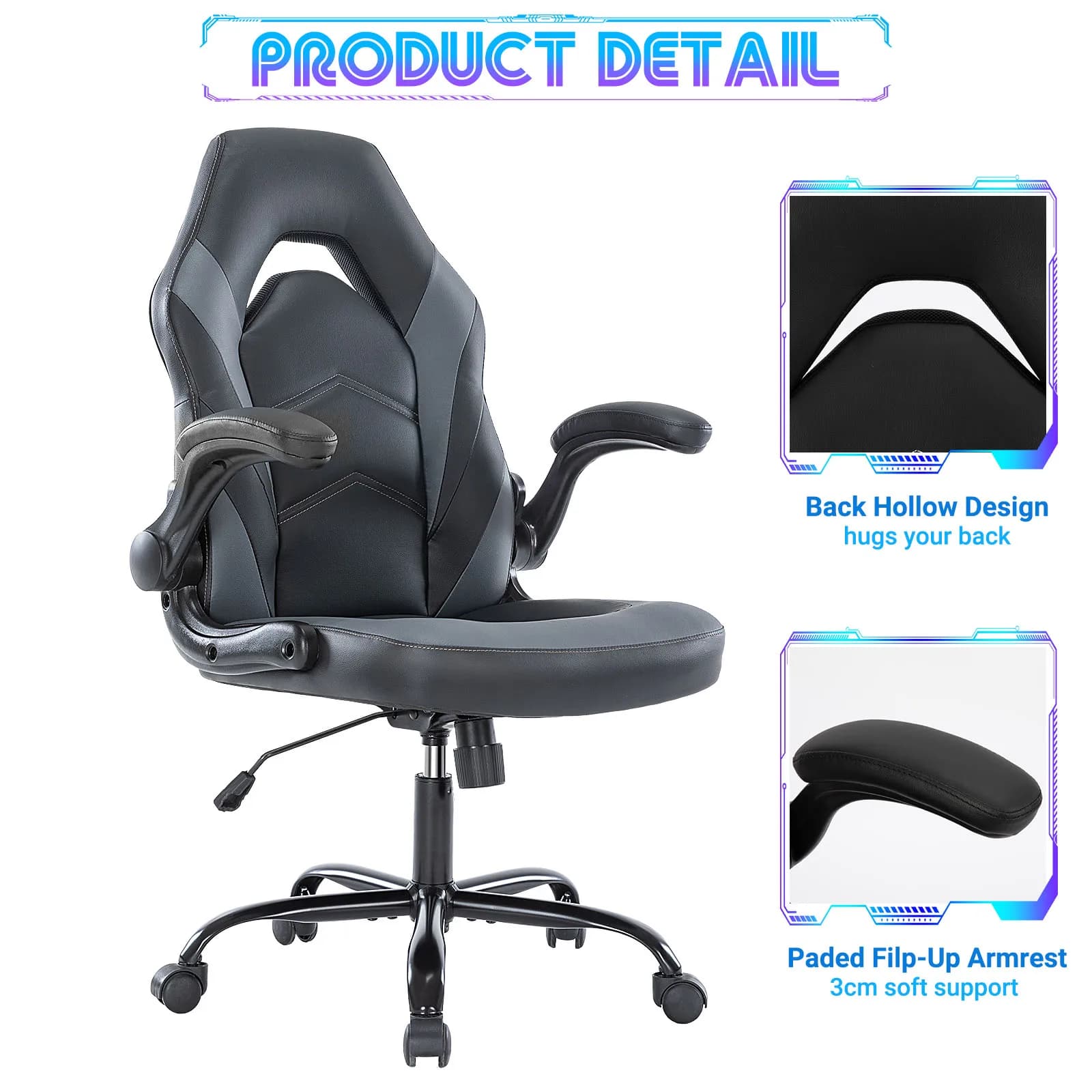 Gaming Desk Chair | Adjustable Flip-Up Armrests & PU Leather | Home Office Computer Racing Chair - Thumbnail 2