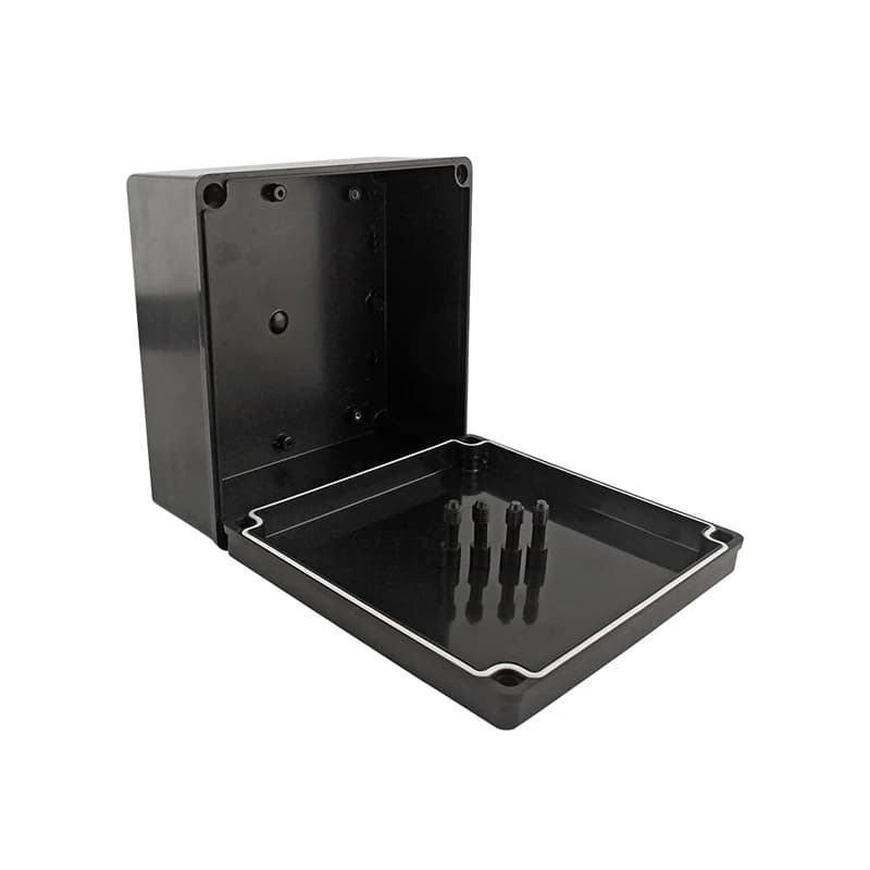 Black ABS flame-retardant waterproof electrical enclosure box with IP67 rating for outdoor junction protection and wiring.