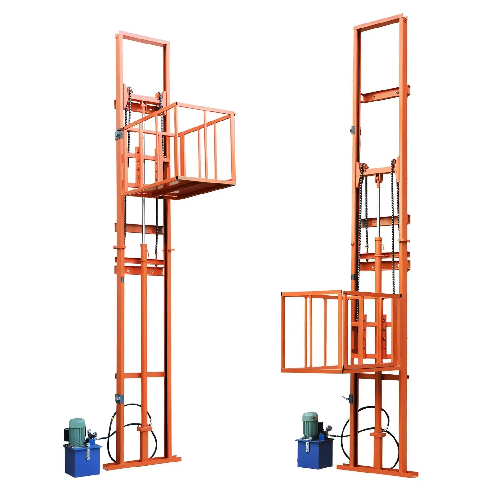 Heavy-duty electric cargo elevator lift for warehouse and home workshop, loading and unloading goods on a small lifting platform.