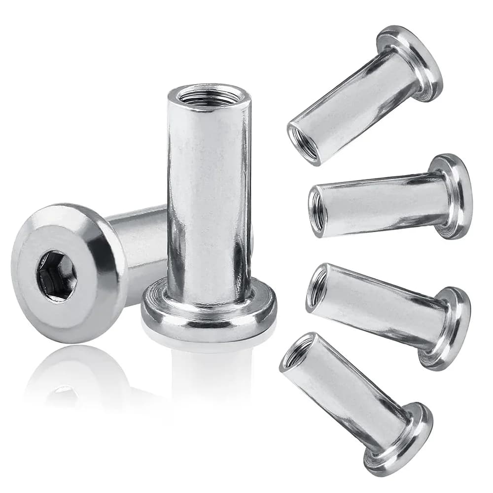 Assorted stainless steel barrel nuts in sizes M2 through M10, featuring hex sockets for furniture assembly and TV wall mounting applications.