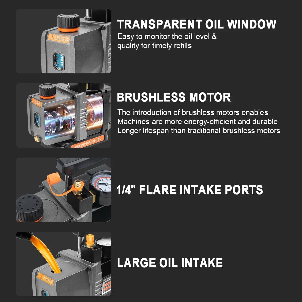 Brushless Cordless Refrigerant Vacuum Pump | 8400RPM 7CFM 1/2HP | For Makita 18V Battery | AC Repair Tool - Thumbnail 5