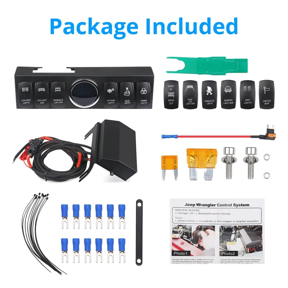 6 Gang Switch Panel for Jeep Wrangler JK 2007-2018 Switch Control System Box Wiring Harness Kit Voltage Meter Digital Display - Thumbnail 2