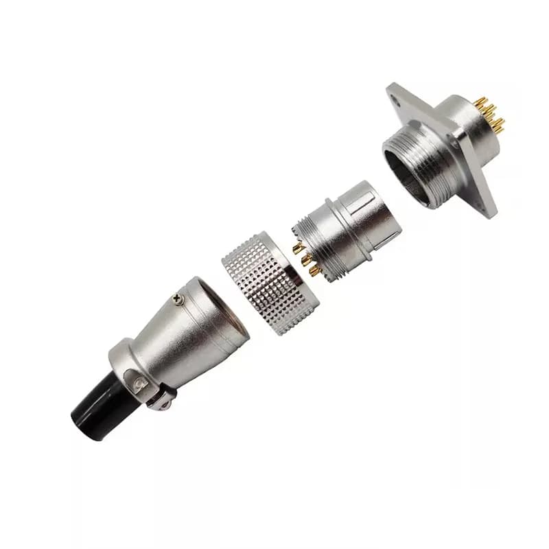 PLS24 WS24 M24 threaded circular metal aviation connector plug and socket set in male and female versions with 6, 10, 12, or 19 pin options.