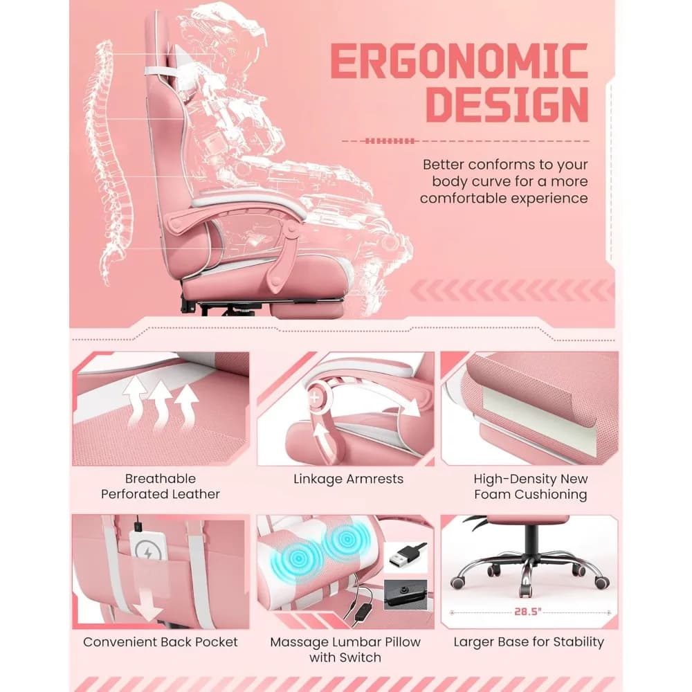 Game Chair with Massage | Ergonomic Computer Chair | Adjustable Height & Footrest Support - Thumbnail 4