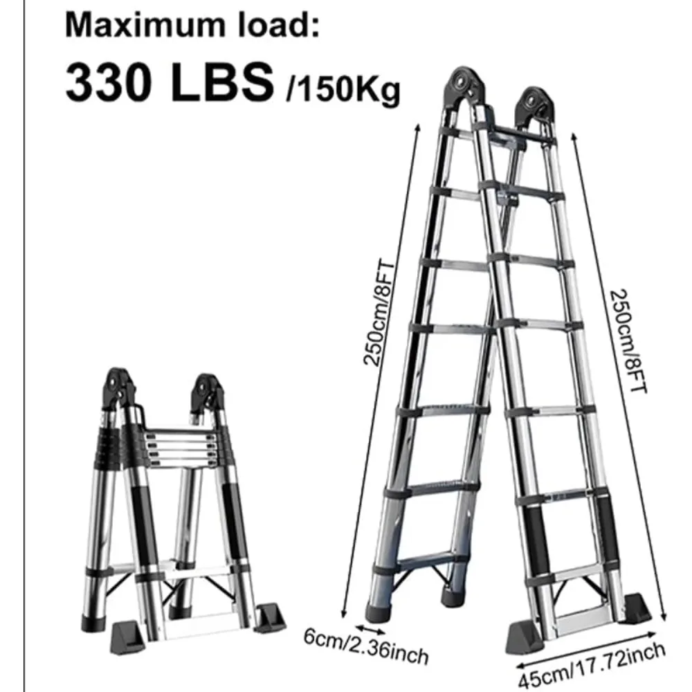 16ft Stainless Steel Telescopic Ladder | 8ft A-Frame Folding | 330lbs Capacity with Safety Locks - Thumbnail 2