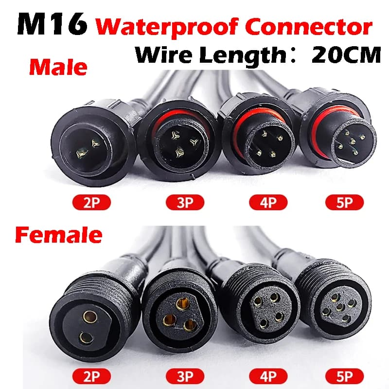 Waterproof LED Strip Connectors | M16 2-5 Pin IP65 | 20cm Cable with 22mm Nut - Thumbnail 2