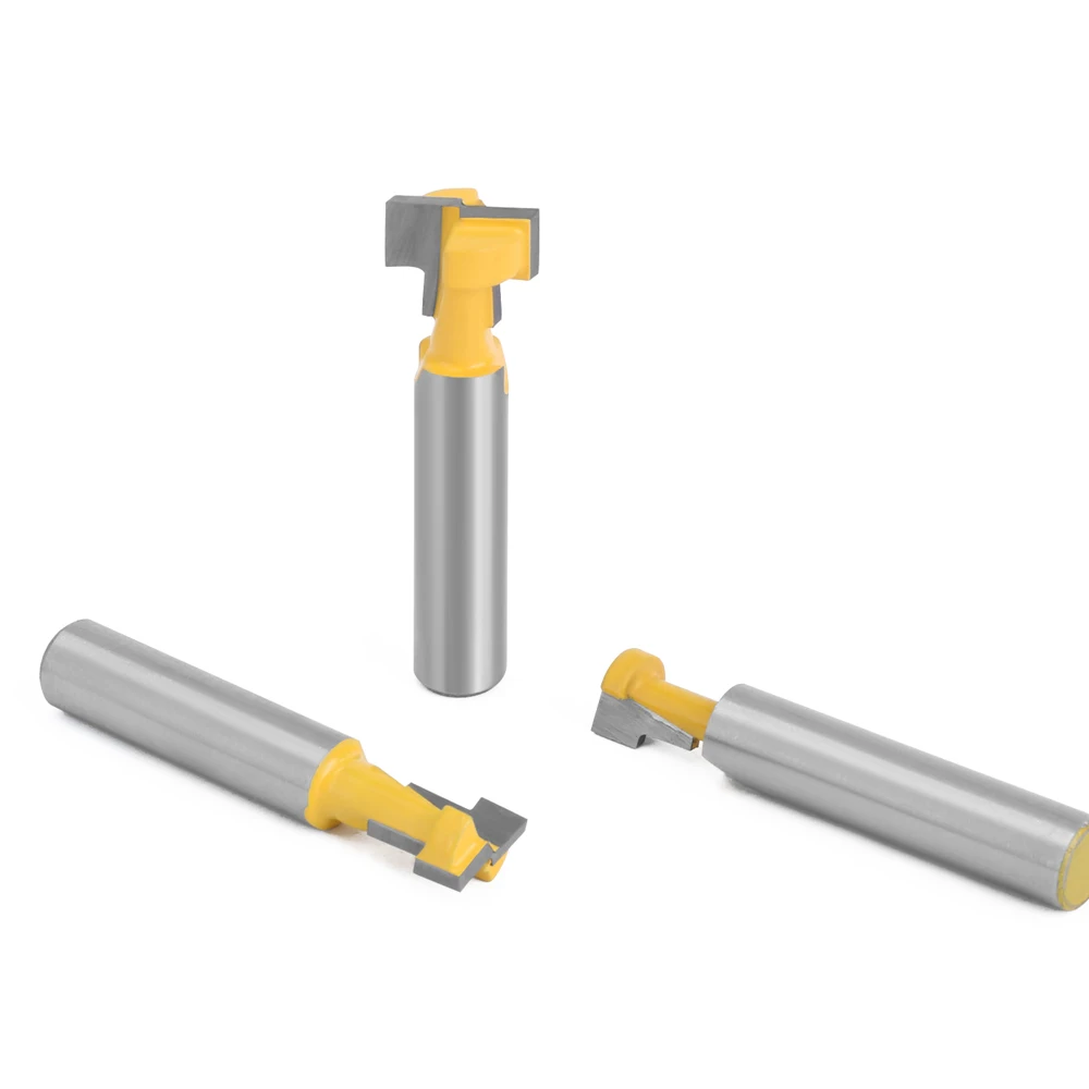 LAVIE 8mm shank T-slot cutter router bit set for creating keyhole and hex bolt slots in woodworking projects.