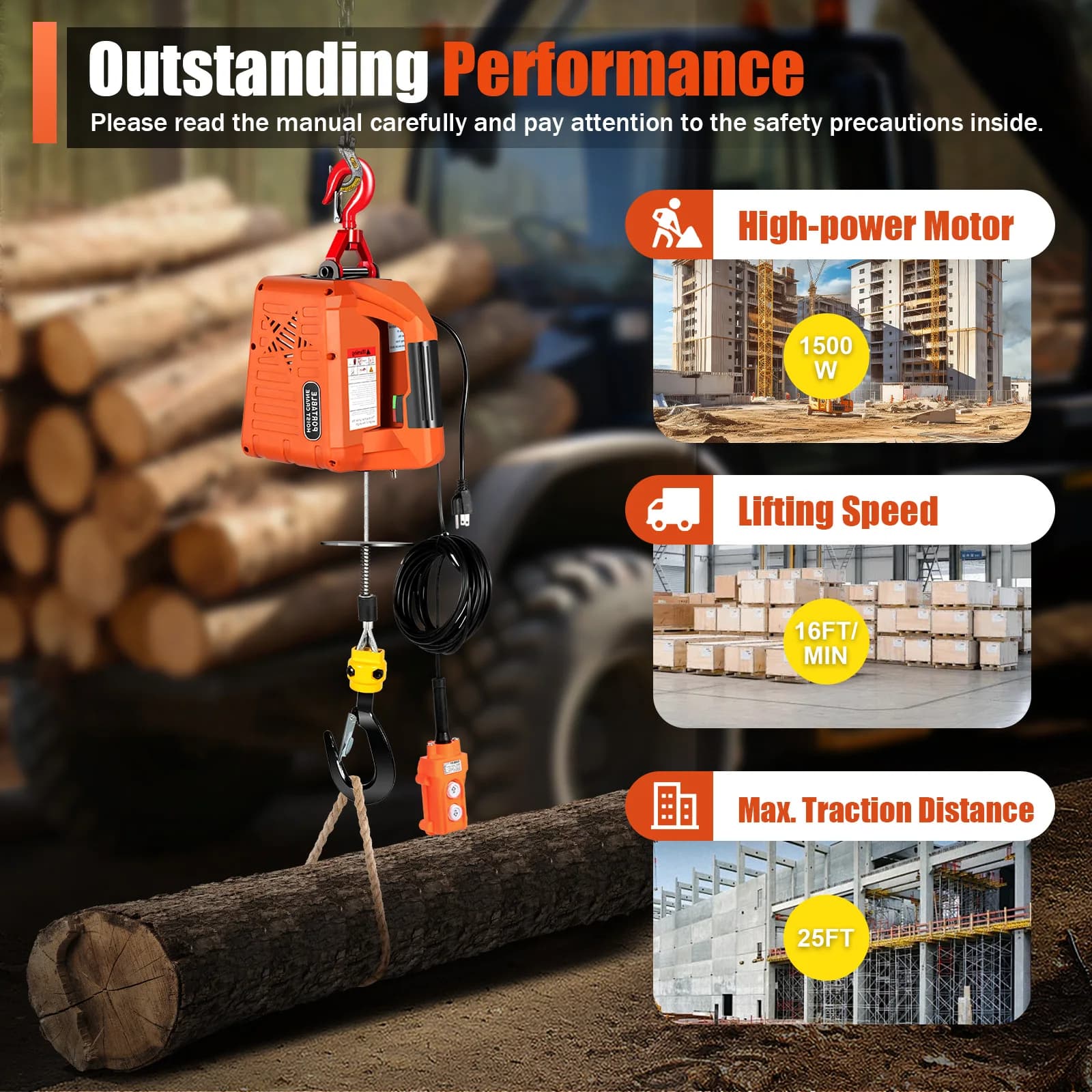 1500W Electric Winch | 1100lb Heavy-Duty Lifting | Wireless Remote Control for Warehouse & Shop - Thumbnail 5