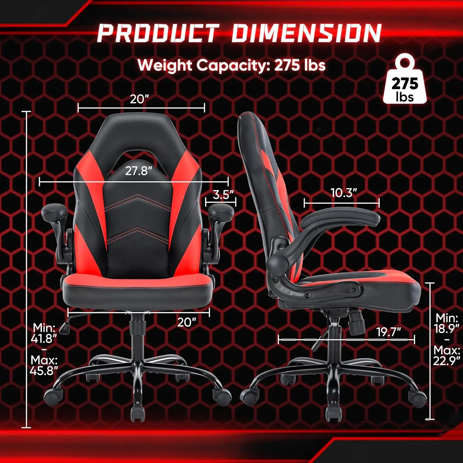 Red Ergonomic Chair | Flip-up Armrests & Adjustable Height | PU Leather Gaming & Office Desk Chair - Thumbnail 4