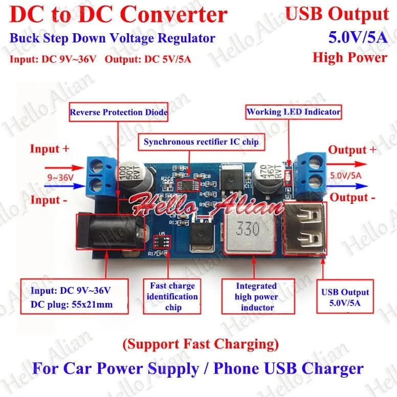 5A DC-DC Buck Converter | 9V-36V to 5V Step-Down Module | High-Efficiency Power Supply for USB Charging - Thumbnail 2