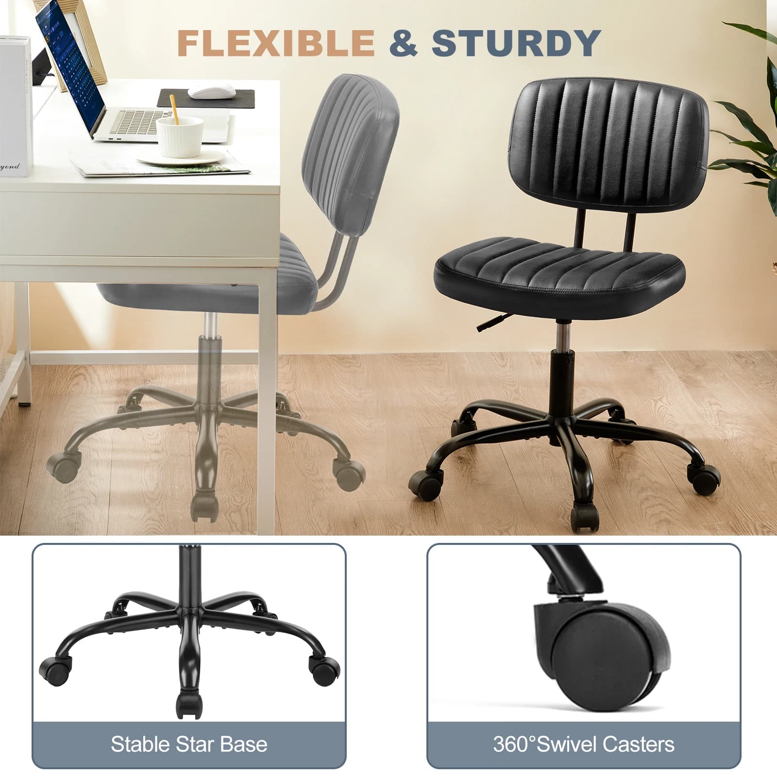 Office Chair | Height Adjustable PU Leather | 360° Swivel Rolling Computer Desk Chair - Thumbnail 5