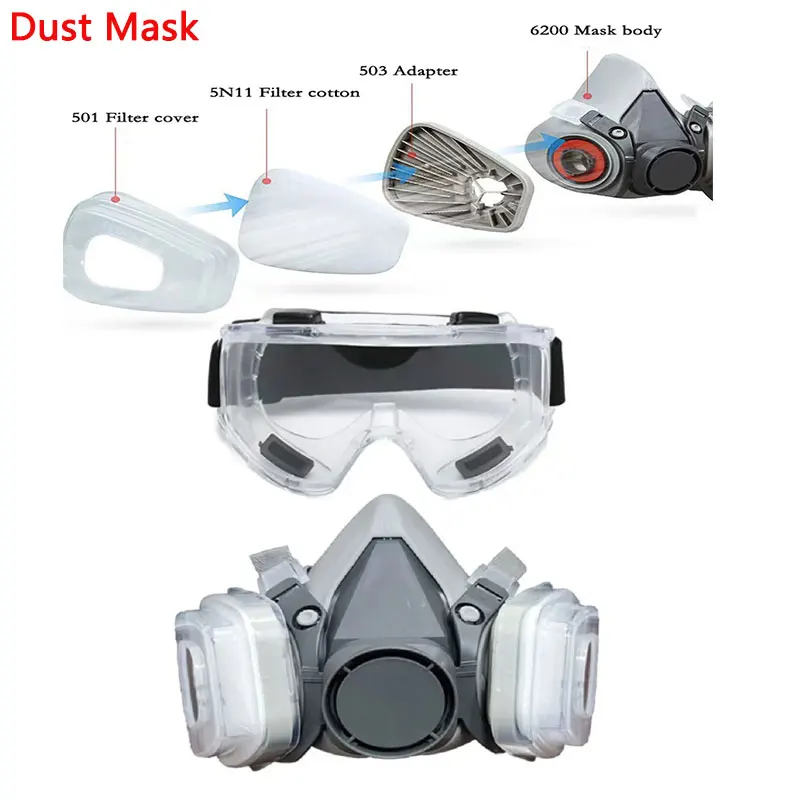 6200 Dust Gas Mask Half Face With 5N11 Particle Filters Goggles Set For Industrial Labor Dust Paint Spray Decoration Grinding ﻿ - Thumbnail 3