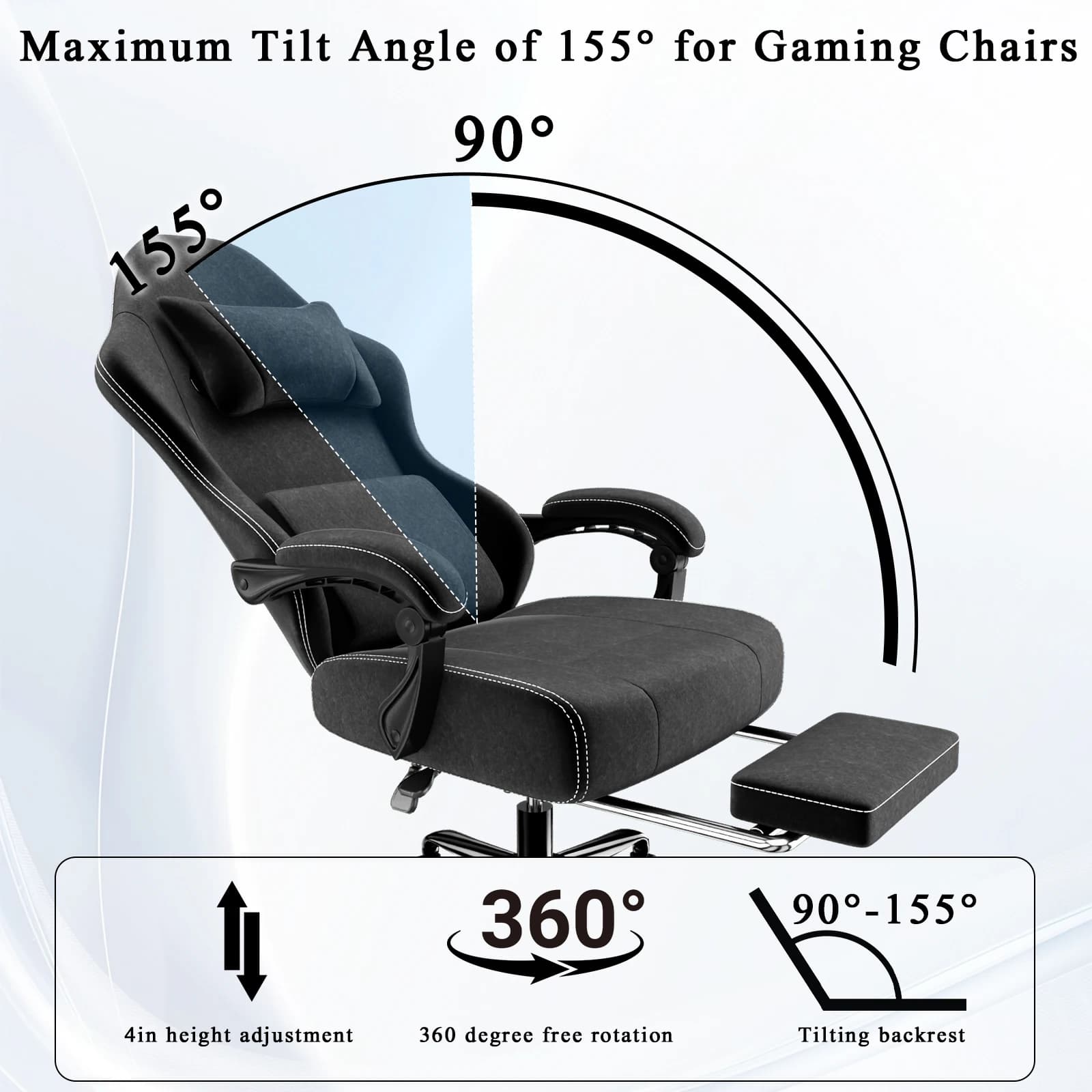 Gaming Chair | Built-in Massage Lumbar Support & Foot Pedals | Fabric Ergonomic Computer Desk Chair - Thumbnail 4
