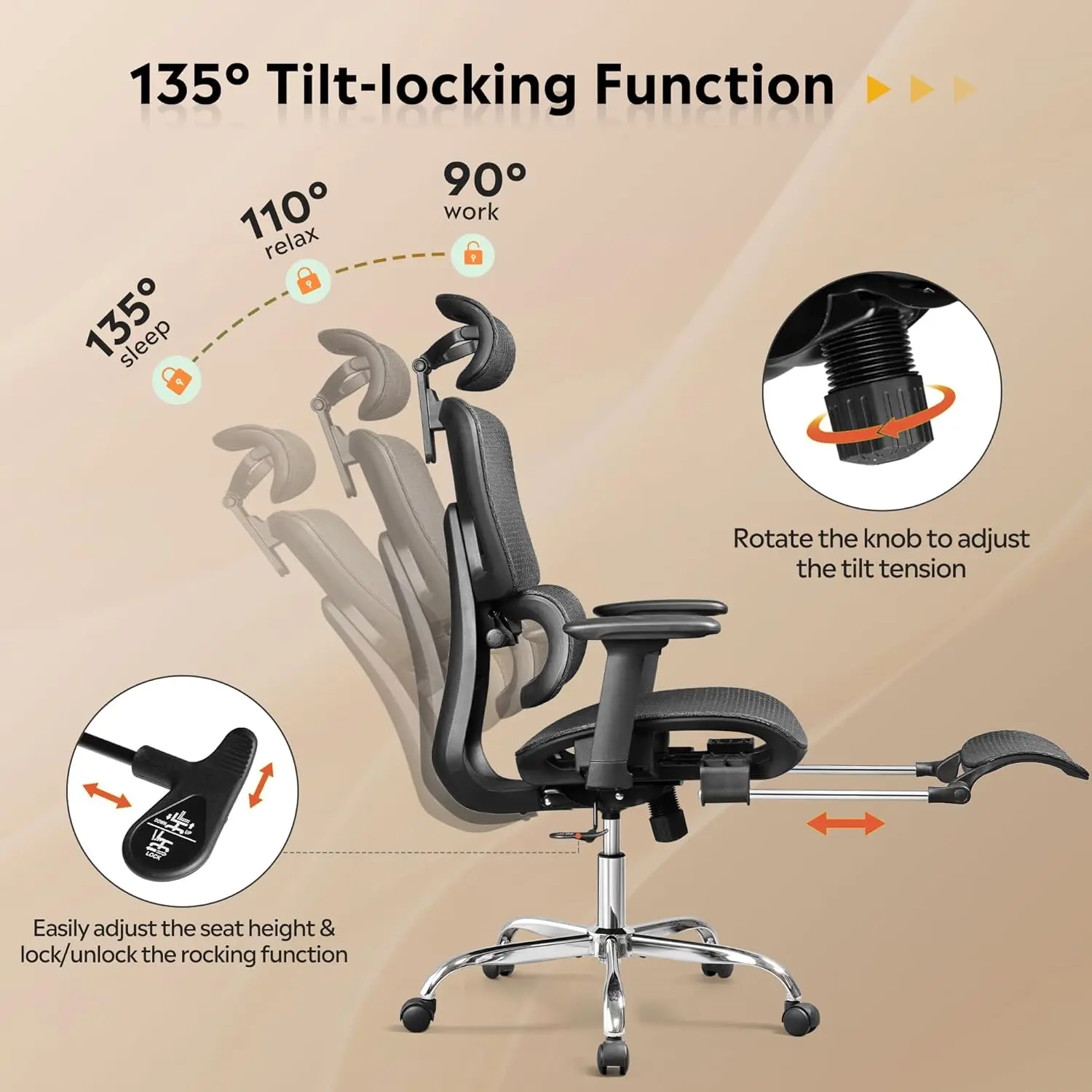 High-Back Reclining Office Chair | Ergonomic Mesh with Footrest | Heavy Duty Swivel Computer Desk Chair - Thumbnail 6