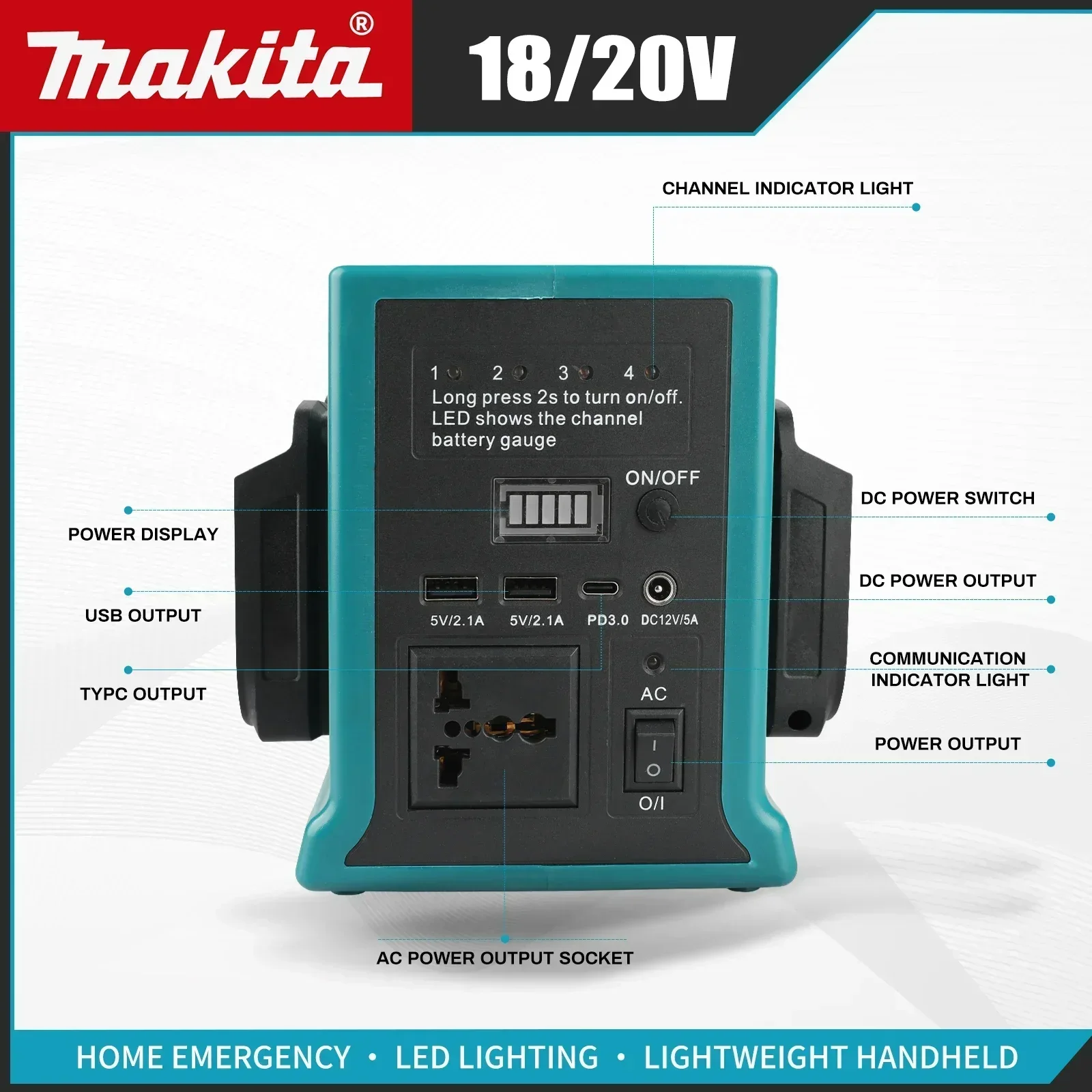 Makita 18V/20V Portable Power Station | Dual-Battery Backup | AC/DC/USB Outputs for Home & Emergency Power - Thumbnail 4