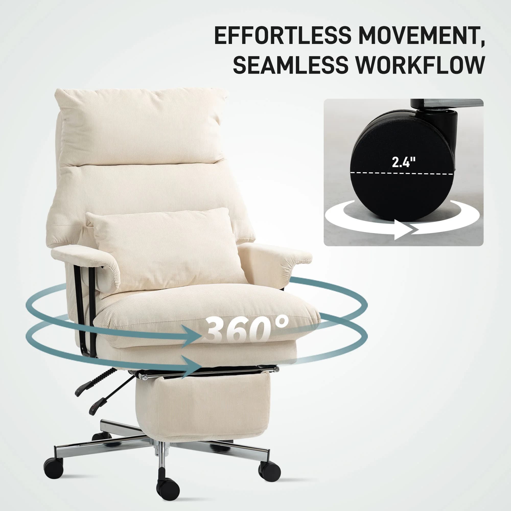Back Executive Office Chair | Reclining with Footrest | Overstuffed Cream White Desk Chair - Thumbnail 5