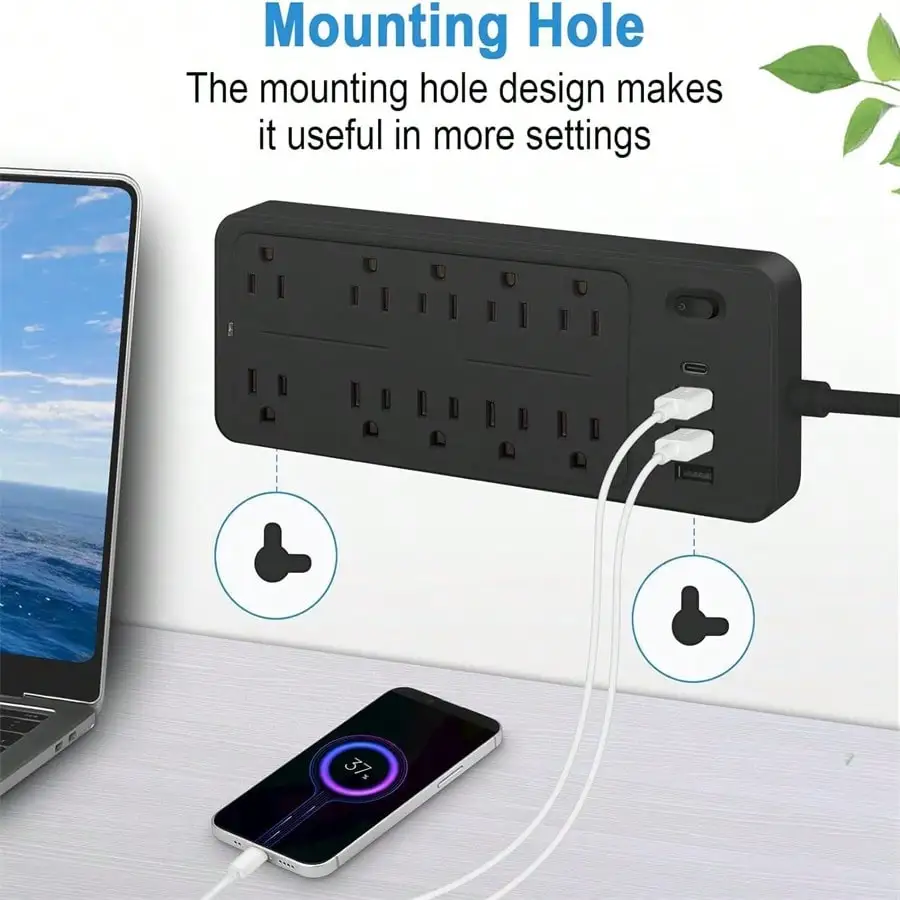 14-Outlet Surge Protector Power Strip | 4 USB Ports | 1625W Flat Plug Extension Cord - Thumbnail 3