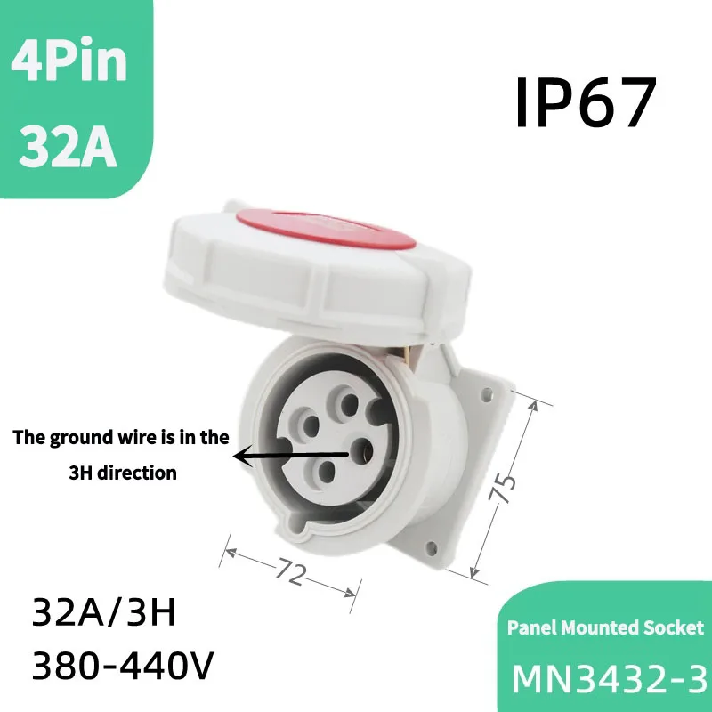 Heavy-Duty 4-Pin 32A Industrial Plug & Socket | 380-440V Marine-Grade Connector | MN3412 - Thumbnail 4