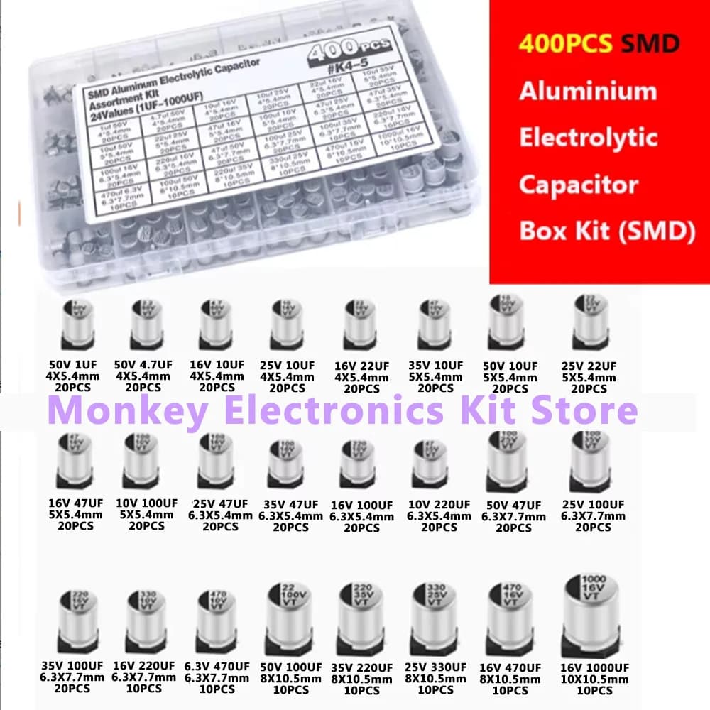 SMD Capacitor Kit | 24 Values 1uF-1000uF | 6.3V-50V Aluminum Electrolytic | Repair & Prototyping - Thumbnail 2