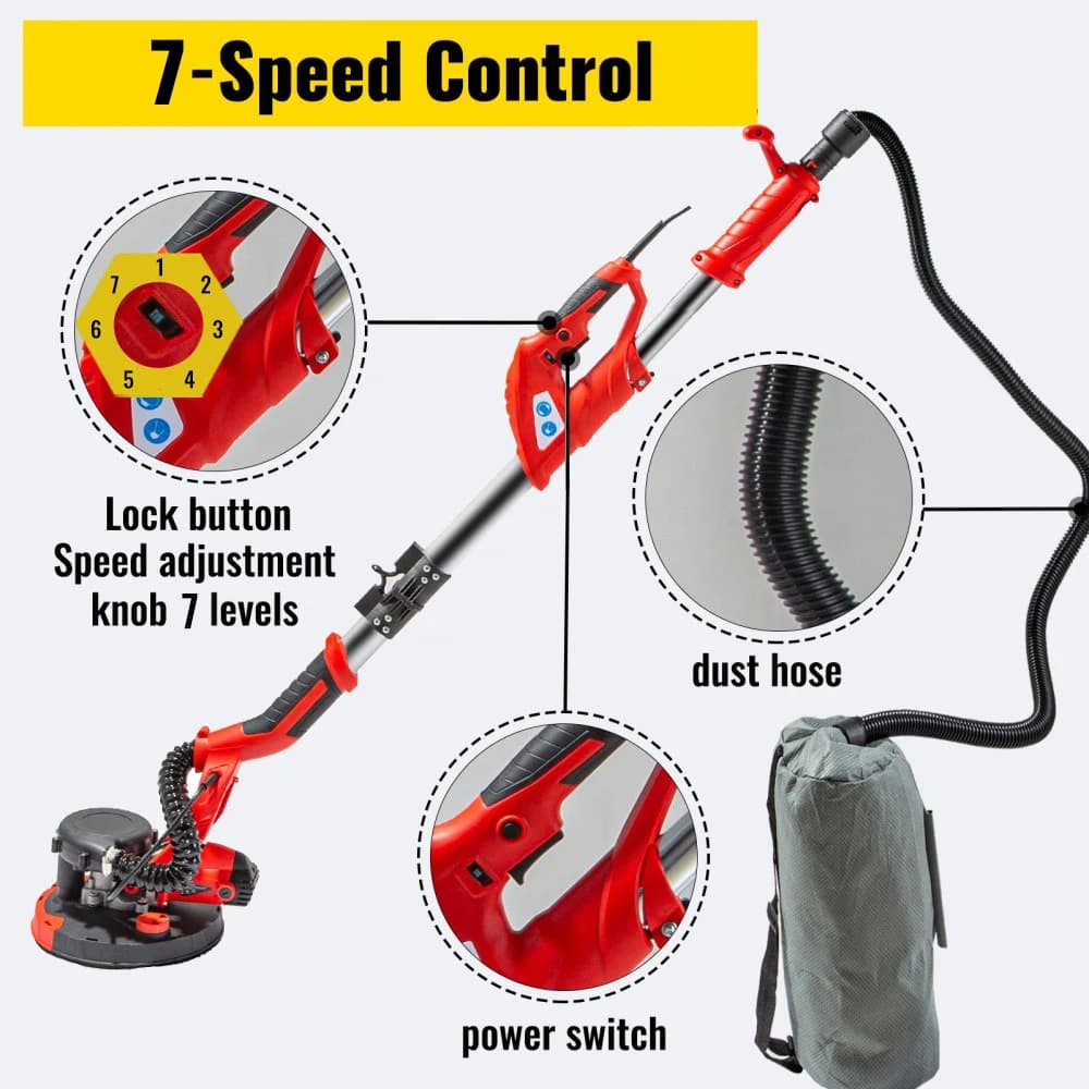 850W Drywall Sander | Variable Speed 800-1750RPM | Foldable Design with Vacuum Bag - Thumbnail 3