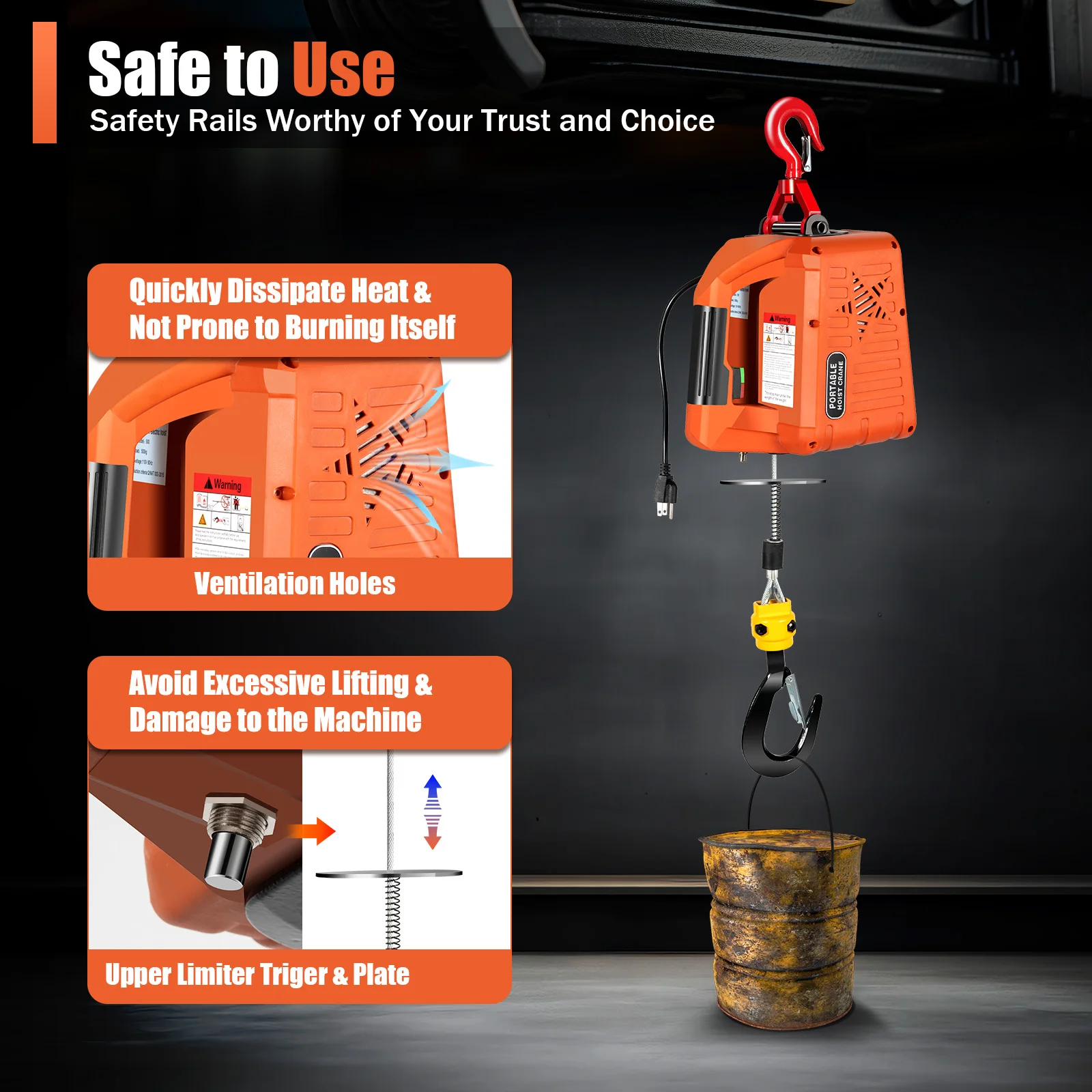 1500W Electric Winch | 1100lb Heavy-Duty Lifting | Wireless Remote Control for Warehouse & Shop - Thumbnail 2