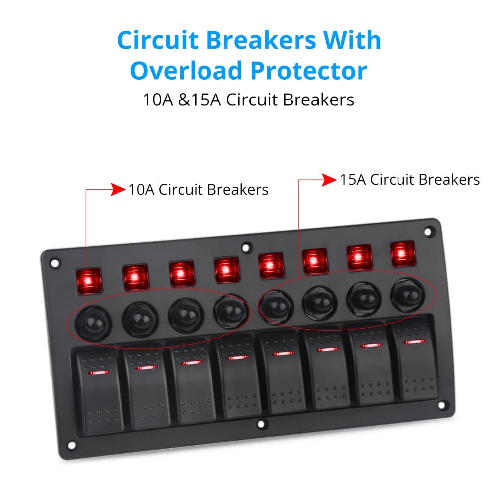 Marine-Grade 8-Gang Rocker Switch Panel | 12V/24V Circuit Breaker System for Boats, RVs & Trucks - Thumbnail 2