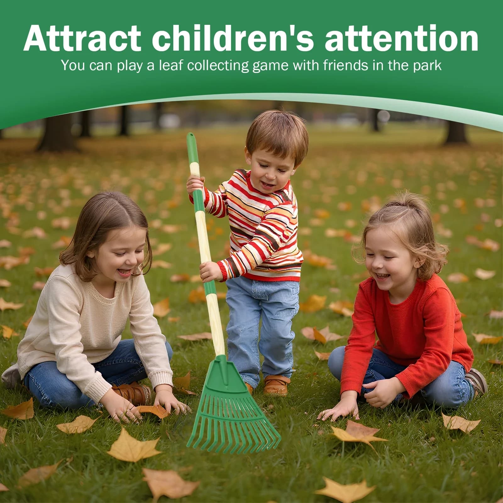 Child Garden Rake | 2Pcs Plastic & Wood Leaf Rakes | Removable Handle Kids Gardening Tool - Thumbnail 6