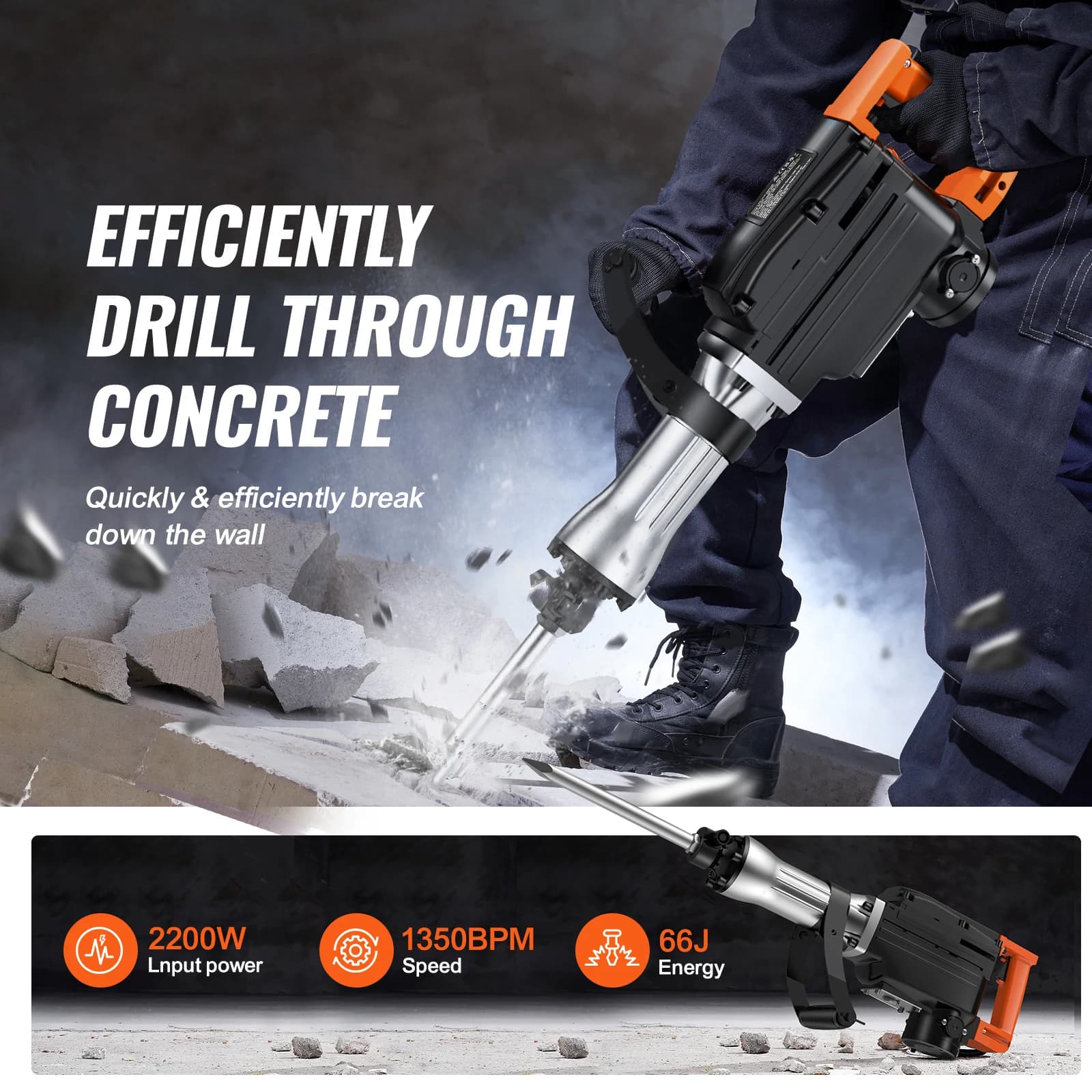 SucceBuy Demolition Jack Hammer 1350 BPM Concrete Breaker 6pcs Chisels Bit Chipping Case 2200W Electric Jackhammer Heavy Duty - Thumbnail 3