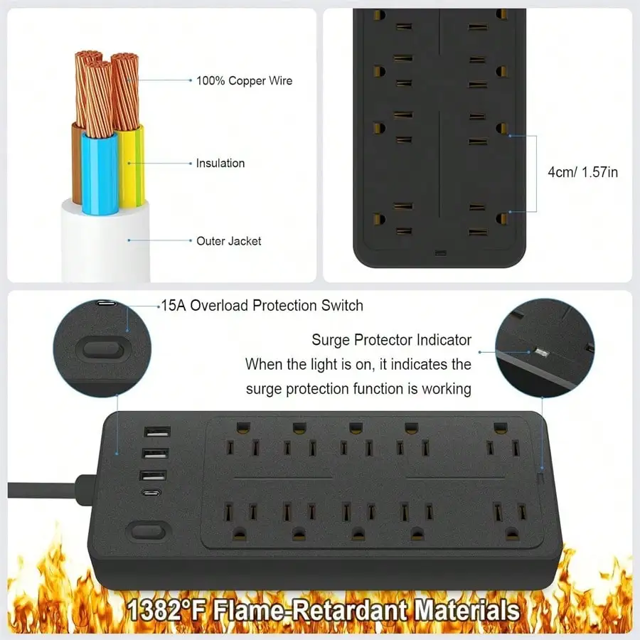 14-Outlet Surge Protector Power Strip | 4 USB Ports | 1625W Flat Plug Extension Cord - Thumbnail 6