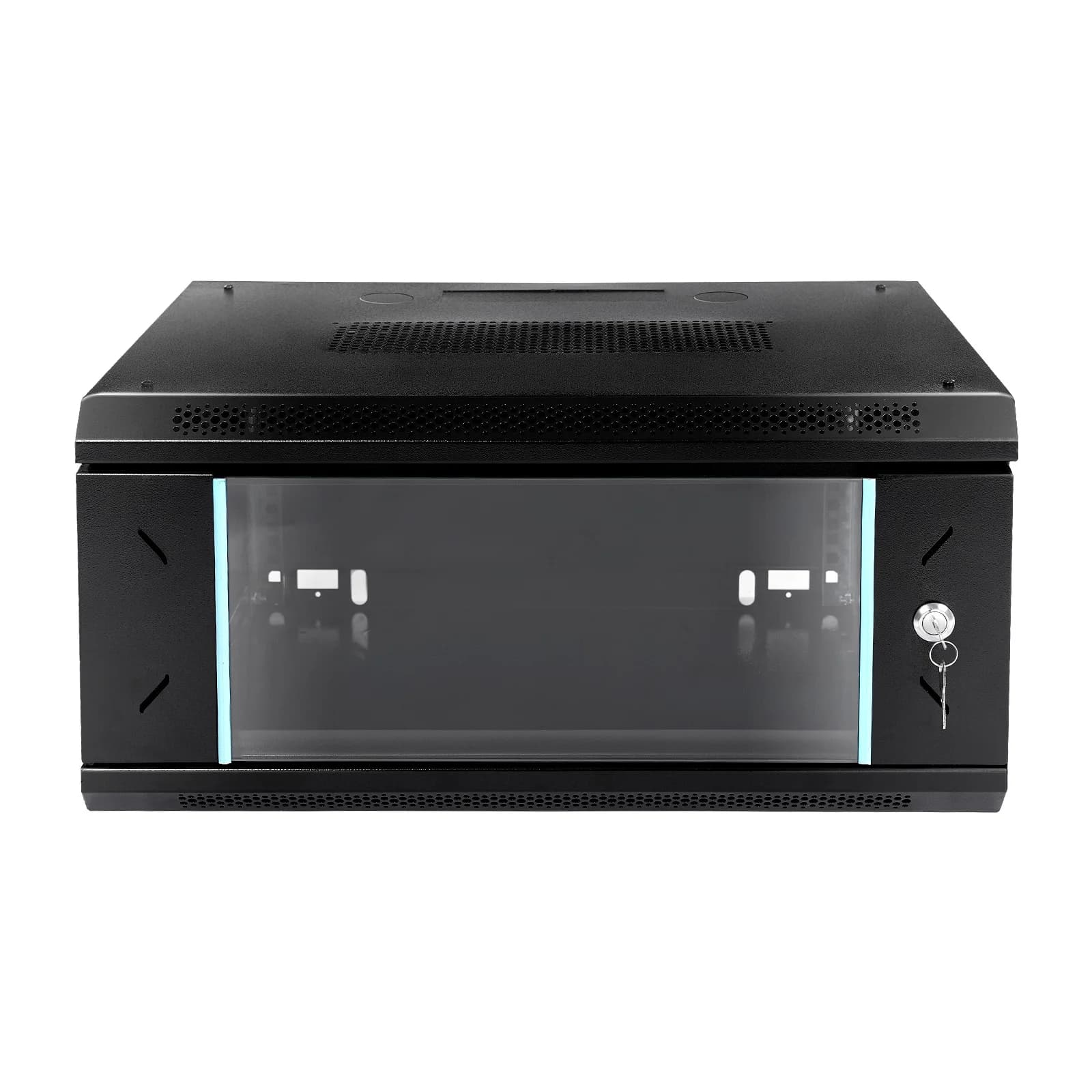 Wall mount server cabinet with a locking glass door, designed to securely organize 4U of rackmount equipment in a workshop or office.