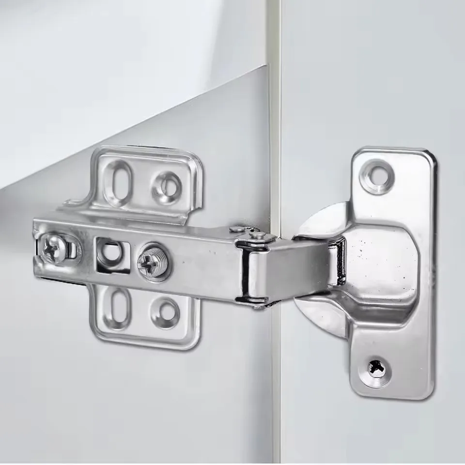 Two-piece hydraulic cabinet hinges with soft-closing damper buffer for kitchen cupboards and furniture doors.