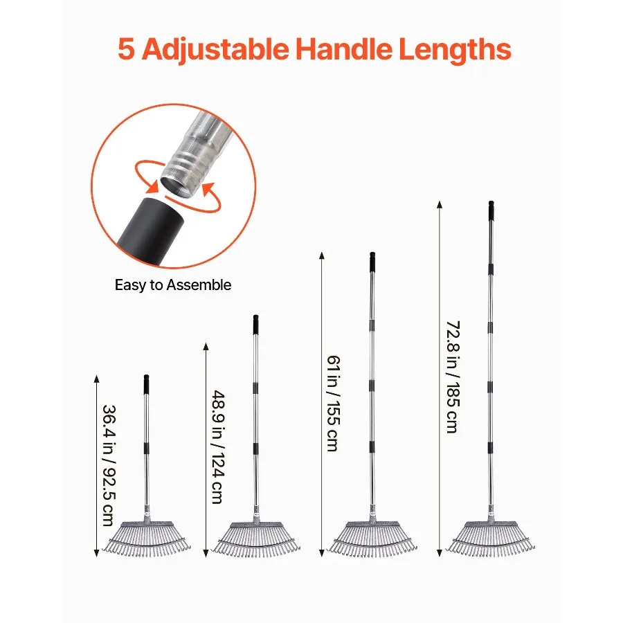 Duty Adjustable Garden Rake | 25 Metal Tines | 18.3 Head & 36-73 Handle for Lawns - Thumbnail 4