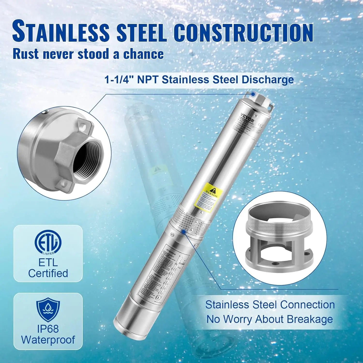 3HP Deep Well Pump | 37GPM 640 ft Head | 4 Inch Stainless Steel - Thumbnail 3