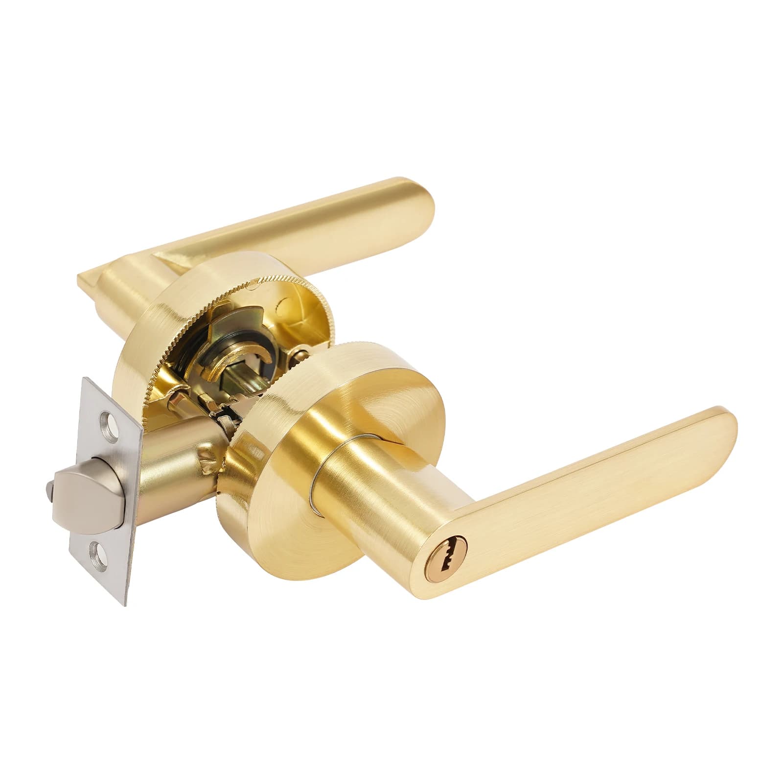 Two-piece privacy door handle with knurled lever in matte gold finish, reversible for bedroom or bathroom doors.