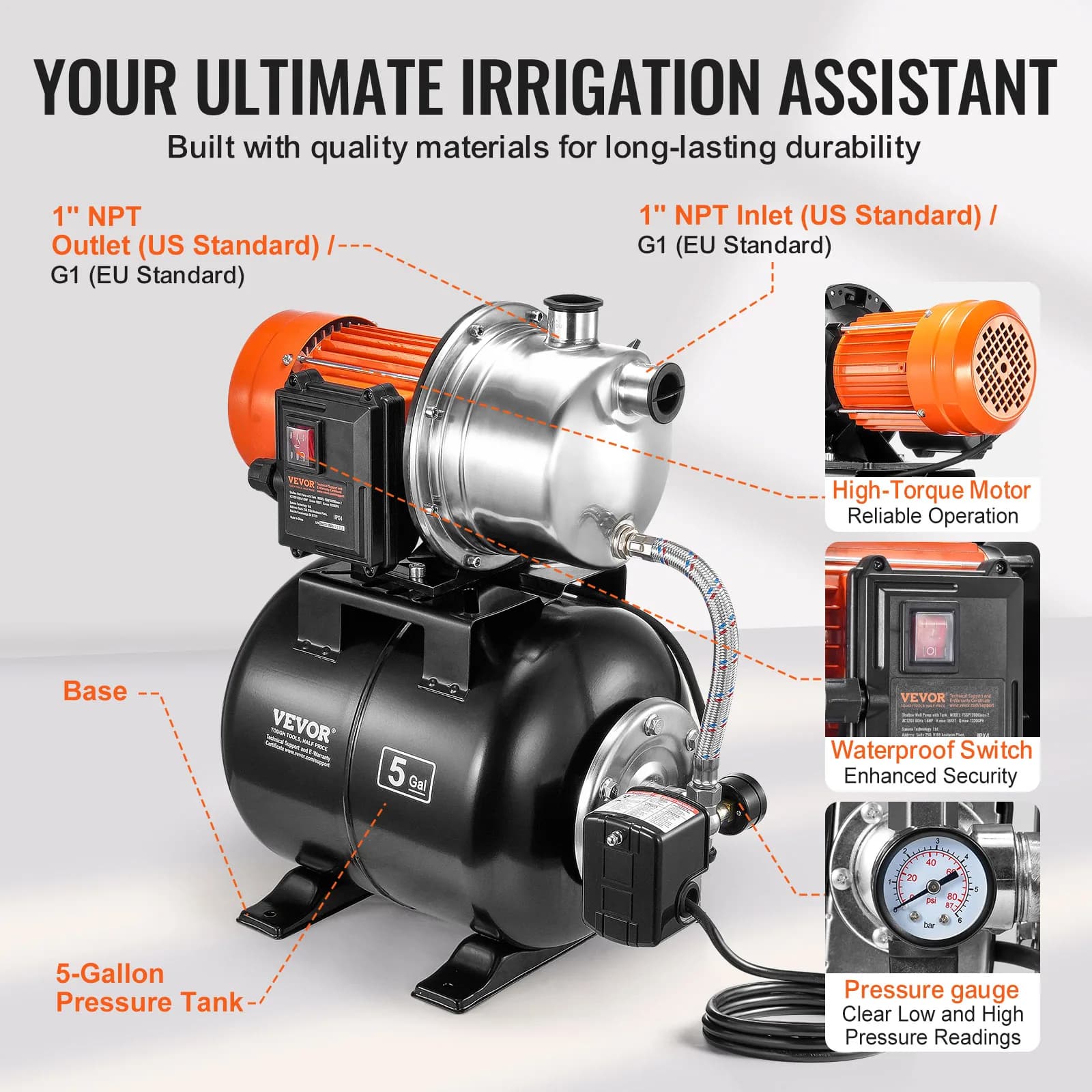 Shallow Well Pump | 5-Gal Pressure Tank 1320GPH | Garden Lawn Irrigation Booster System - Thumbnail 6