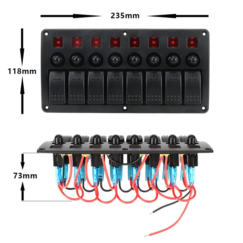 Overload Protection Waterproof Car Vehicle Truck RV SUVS Marine Circuit Breakers With Fuse 8 Gang LED Switch Panel 12/24V - Thumbnail 6