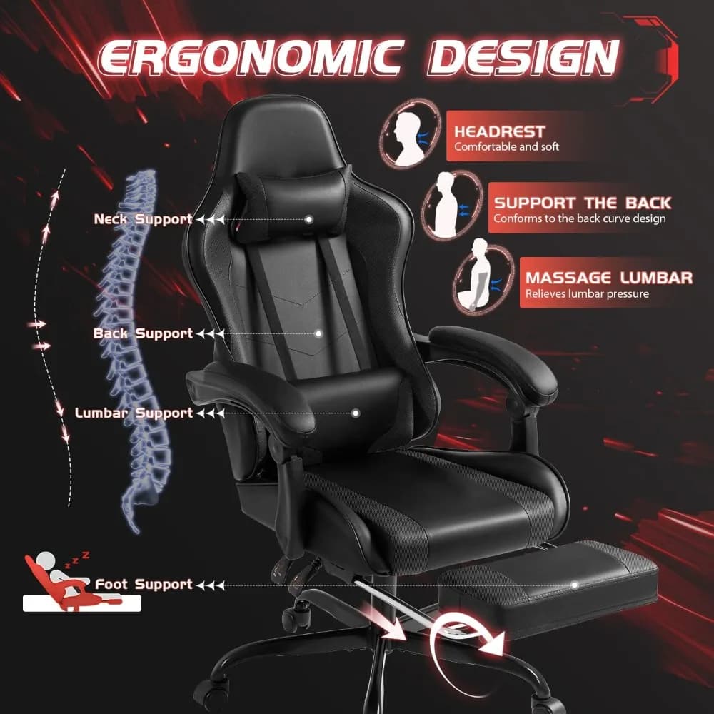 Gaming Chair with Massage | Swivel Office Chair | Height Adjustable Seat & Footrest - Thumbnail 5