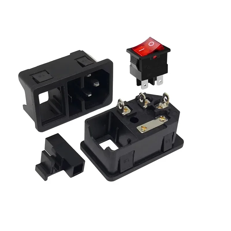 Red LED illuminated rocker switch and AC power socket plug connector with 10A fuse, for electrical panel or device installation.