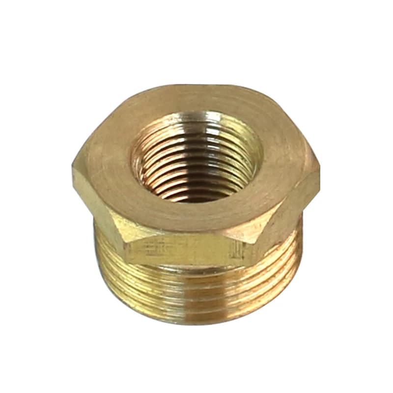 Brass hex bushing reducer pipe fitting with 1/8, 1/4, 3/8, 1/2, and 3/4 inch female to male threaded connections for water and gas lines.