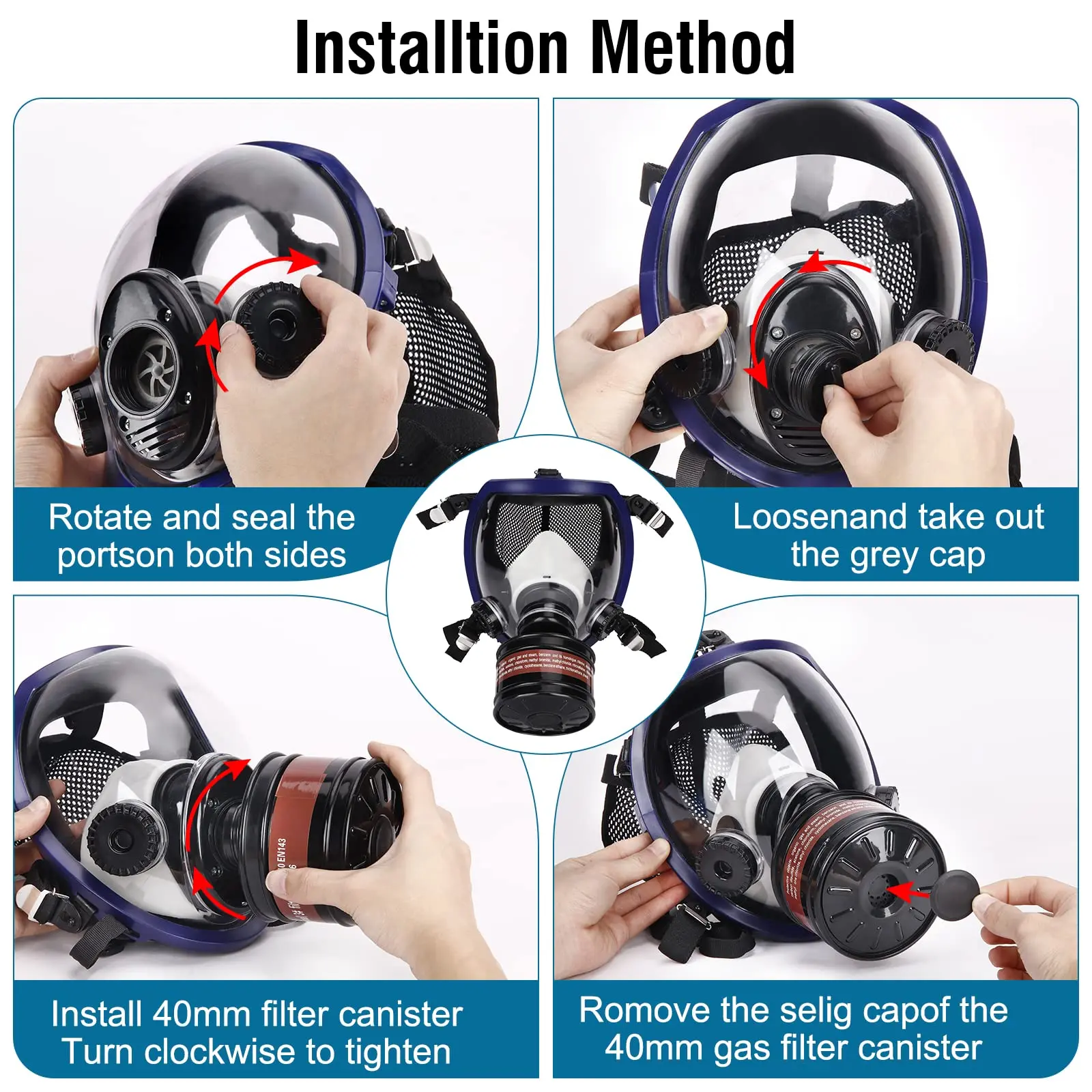 Full face respirator Gas Mask 40 mm activated carbon filter canister Suitable for fumes Chemical, spray paint, tactical-survival - Thumbnail 6