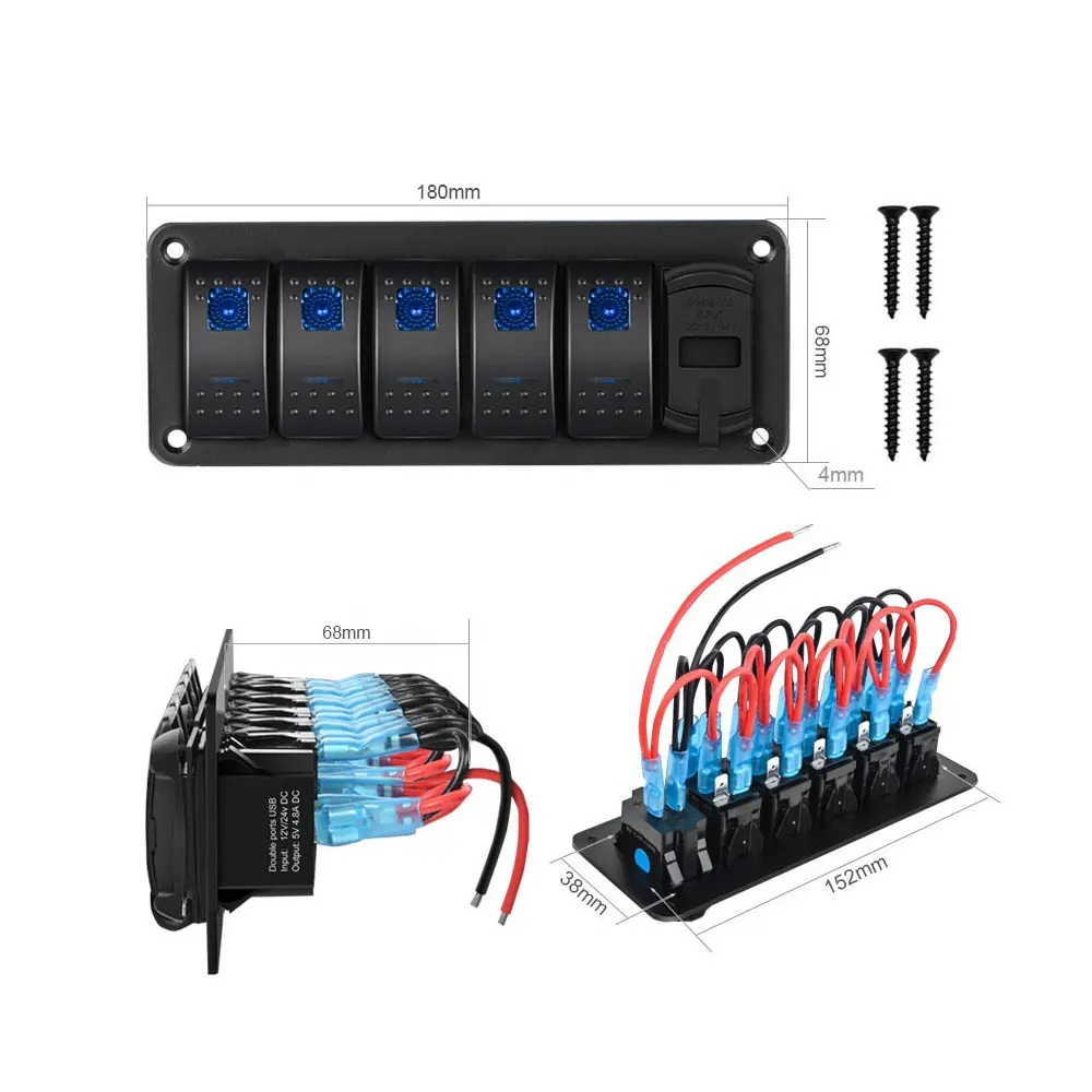 Marine-Grade Switch Panel | 4.2A Dual USB Fast Charger | Waterproof LED Rocker Switches - Thumbnail 2