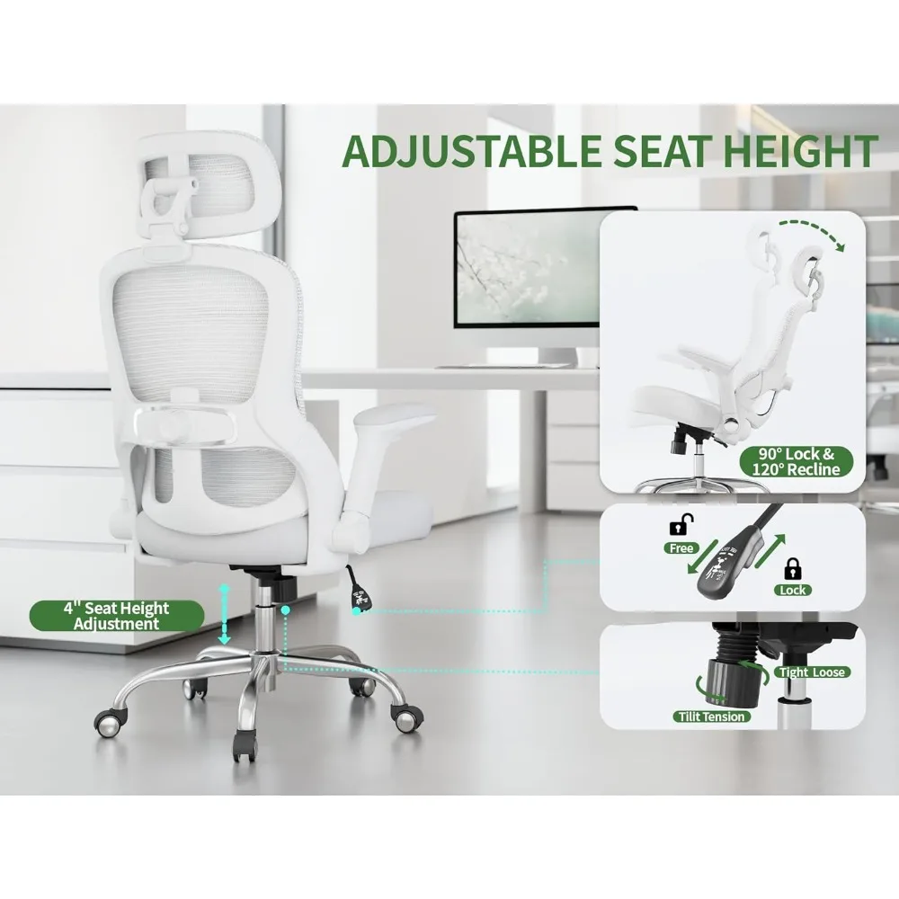 High-Back Ergonomic Office Chair | 400lb Weight Capacity & Adjustable Lumbar Support | White Mesh Computer Chair - Thumbnail 4