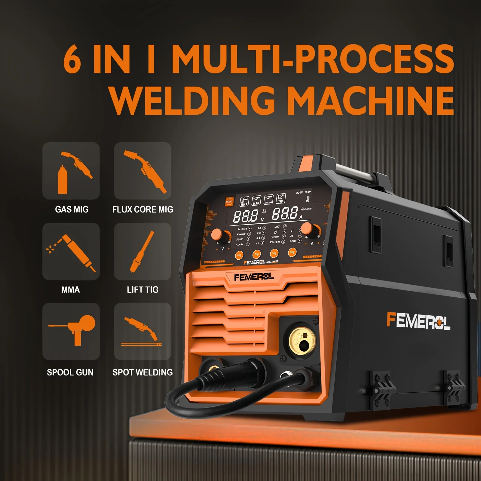 FEMEROL 6 In 1 Gas MIG Gasless Flux Core Stick Lift TIG Spot Welding Spool Gun Compatible Aluminum Welding Machine 110V/220V - Thumbnail 3