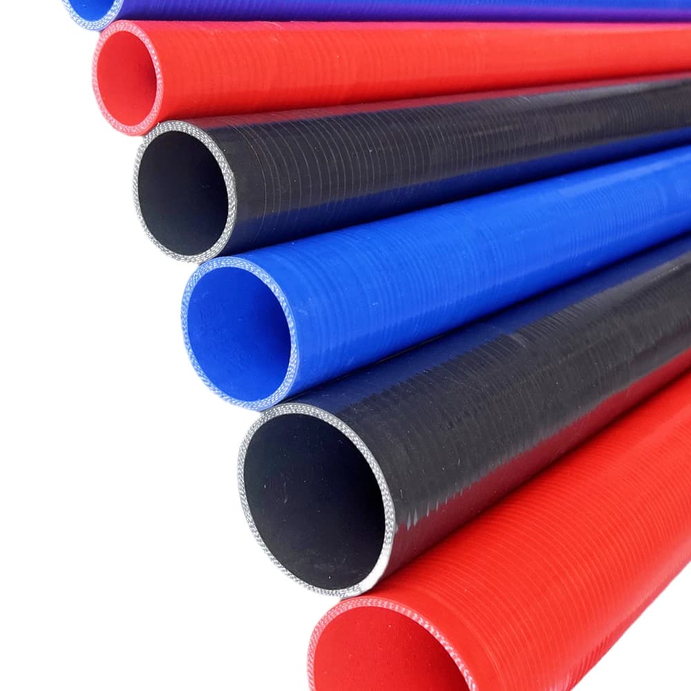Red, blue, and black 4-layer universal straight silicone hose for intercooler and turbocharger systems, 1 meter long, rated for high temperature and pressure.