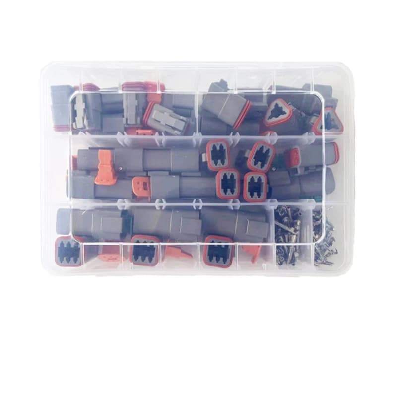 Deutsch DT series waterproof automotive connector kit with 250 pieces including DT06 and DT04 plugs, pins, and seals in a storage box.