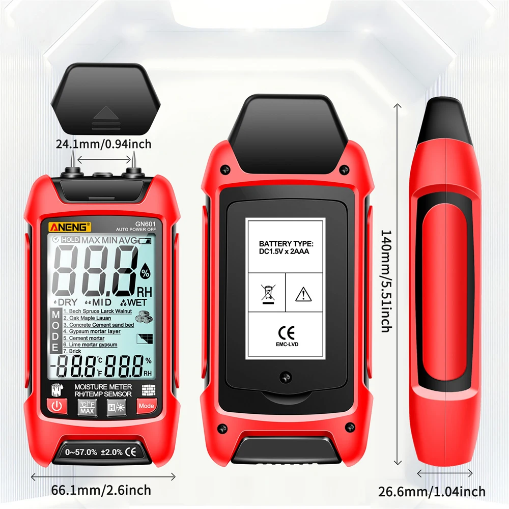 Wood Moisture Meter: 0-99.9% RH Range, Temperature & Humidity Probe Tester - Thumbnail 3