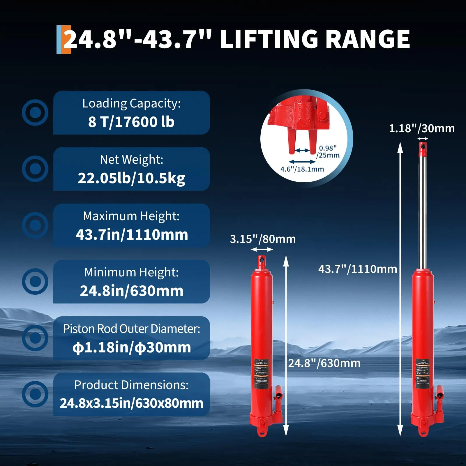 8-Ton Air/Hydraulic Long Ram Jack | Heavy-Duty Engine Hoist Cylinder with Air Pump - Thumbnail 6