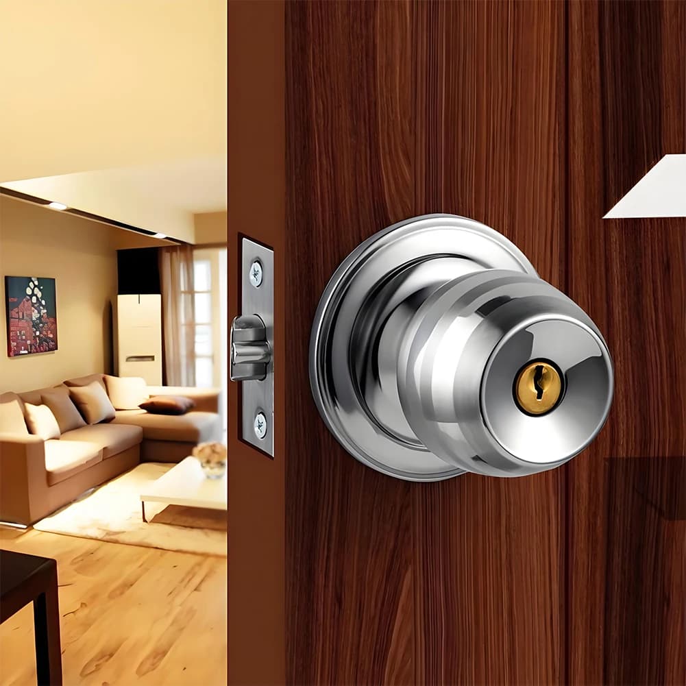 Steel Keyed Entry Door Knob | Round Interior & Exterior Lock | For Bedroom, Bathroom, Indoor Doors - Thumbnail 6